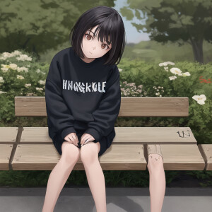 A short girl with dark hair is sitting on a bench, wearing a swe...