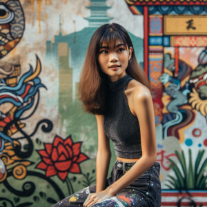 Very thin Athletic Thin skinny Attractive, Asian teenage girl, long brown hair and bangs, wearing tight skinny jeans and a halter top paint marks on her clothing, sitting side view heroic pose Asian graffiti