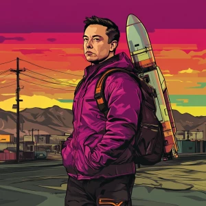 Elon Musk in GTA art style, wear a rocket as a backpack., in th...
