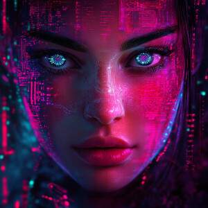 A straight-on, eye-level realistic digital portrait of a woman a...