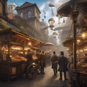 A bustling Victorian-style market where steam-powered contraptions line the stalls, people in top hats and goggles browse goods, and airships float overhead.