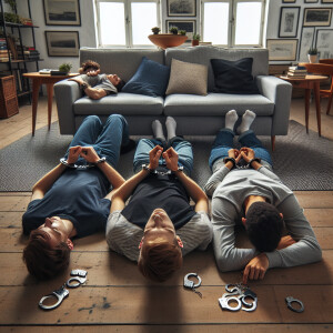 ultra-realistic, 4 caucasian male teens handcuffed laying face d...