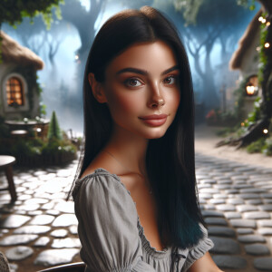 A very attractive young woman with straight dark blue hair and d...