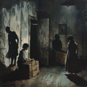 AI Image: Sarah frantically packing her belongings, with the sha...