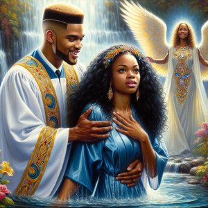An oil painting depicting a light-skinned African-American pasto...