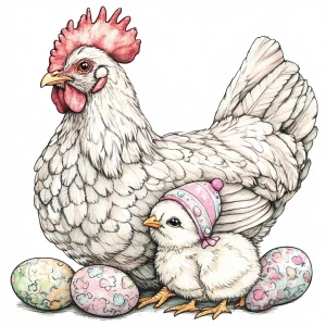 A hen and a chick, depicted in a detailed watercolor style outli...