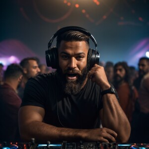 A DJ with well-defined muscles and a full beard is playing techn...
