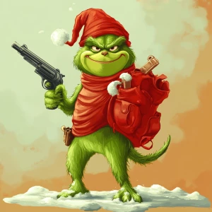 Grinch with a gun in his hands as a bandit. Use carton style. i...
