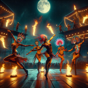A psychedelic carnival in Texas, fire rope dancers ,  dancing, o...