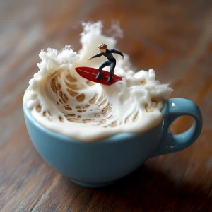 In a blue coffee cup, the coffee liquid surges to form a shape j...