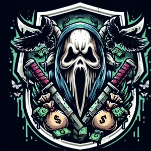 Create a bold horror themed smiley ghostface mascot logo featuri...