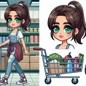 Generate an image of a female cartoon character with green eyes,...