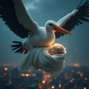 "High above the sleeping city, a colossal stork glides through t...