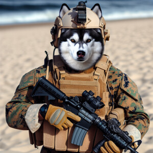 Create a realistic image of a us marine strolling in the sand, w...