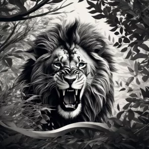Create a black and white vector illustration depicting a roaring...