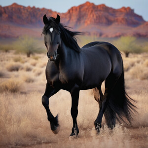 Black freisian horse with long black mane In
Arizona dessert f...