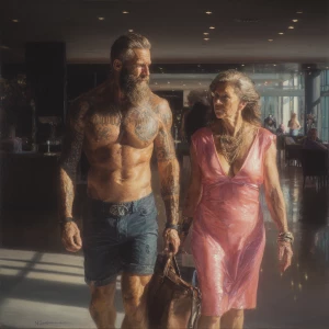 Hyperrealism painting ,a australia muscular beefy bearded tatto...