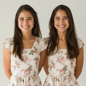 Cute twin Sisters 

A cute woman

Smiling 

Clothes: Floral Dres...
