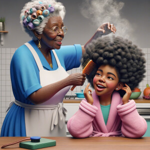 Create a realistic 3-D image of an african-American grandmother wearing a blue house dress and a white apron . She is in the kitchen with her african-American granddaughter. Her granddaughter is wearing a pink bath robe. The grandmother has a hot comb in her hand and she is straightening her granddaughters hair. One side of her granddaughters hair is in  a Afro the other straight 
There is smoke coming from the hot comb
The granddaughter is holding her ear and making a funny face