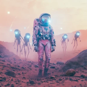 A lone female astronaut in a slightly damaged, high-tech pink sp...