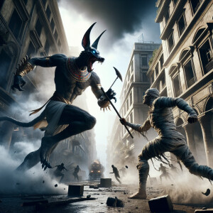 Hyper realistic photo, wide angle, Anubis, with angry features,...