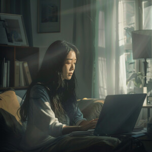 An Asian woman with long black hair is seated in the living room...