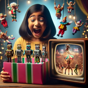 A child with an expression of joy and surprise unwrapping a Chri...