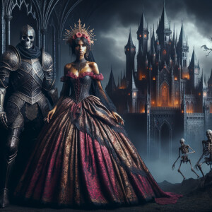 Black undead knight standing with a Greek thick curvy queen with a burgundy, gold and pink dress in front of a undead castle