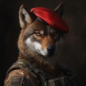 A male, anthromorphic Florida red wolf, wearing military gear, s...
