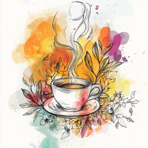 Create a line art illustration featuring a coffee cup with steam...