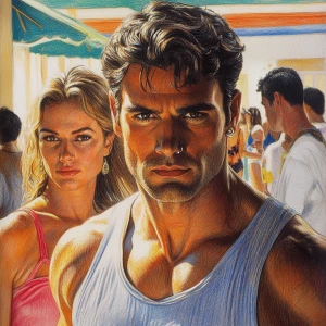 Sharp colourful pencil art,A man  muscular beefy sweat walking w...