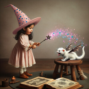 Create an image of a little girl witch in training. She is about...