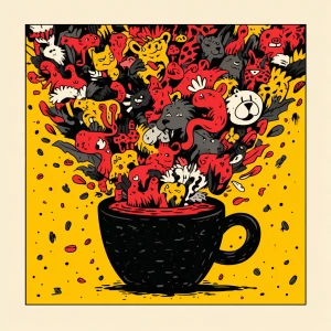 vector-style illustration of a hand-drawn coffee cup overflowing...