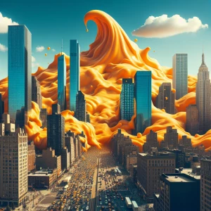 Generate an image depicting a colossal wave of orange pudding inundating a metropolitan city, with skyscrapers and thoroughfares submerged in the dessert deluge.