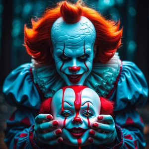Sinister clown that strongly resembles pennywise is holding a li...
