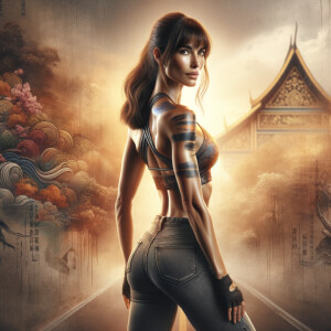 Athletic Thin skinny Attractive, Asian teenage girl, long brown hair and bangs, wearing tight skinny jeans and a halter top paint marks on her clothing, heroic pose Asian graffiti background, backside view