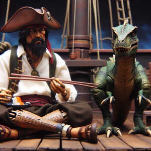 Pirate with a peg leg eating sushi next to a dinosaur. They obvi...