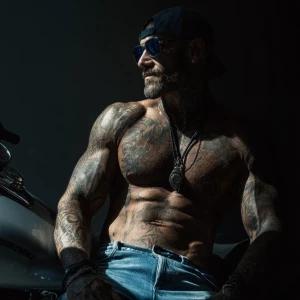 An imposing figure with a chiseled physique reclines confidently...