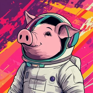 Cute cartoon pig in vintage white spacesuit and NASA style helme...