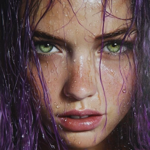 a striking close-up portrait of a caucasian woman, with wet purp...