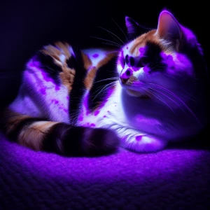 <lora:Flux Glow:1.0>  A calico cat in a dark room lit only by a...