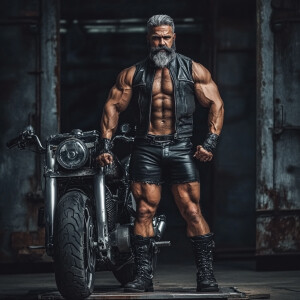 The image features a muscular bearded gray hair man posing in fr...