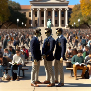 "A grand stop-motion university quad, full of students laughing, chatting, and walking across campus—but in the background, three well-dressed figures in identical navy blazers and golden fraternity pins stand side by side, perfectly still. They are too still. Their heads turned slightly in the same direction, watching something—or someone. The sunlight makes their pins gleam subtly, as if marking them apart from the crowd. In the foreground, a lone student sits on a bench, flipping through a history textbook—unaware that he is being watched."