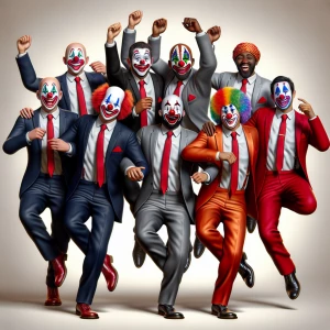 Generate a hyper-realistic image depicting clowns, each adorned...