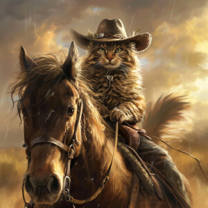 A cat with a cowboy hat on a head riding a horse