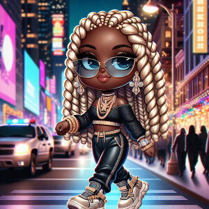 A chic, Chibi-style melanin woman with glossy blonde coiled twis...