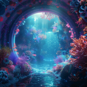 Create a hyperrealistic oceanic bliss portal showcasing shimmeri...