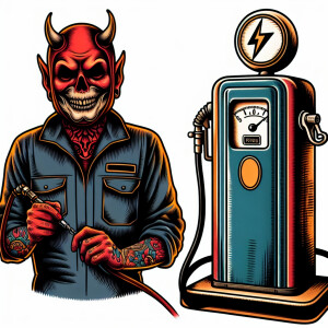 A evil devil in a mechanics jumpsuit, standing next to a gas pum...