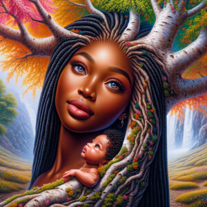 Create a close-up, hyper-realistic 3-D oil painting of a tree wi...