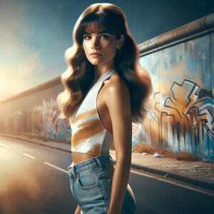 Sexy, Asian teen girl wearing skin tight jeans and a halter top long hair and bangs paint marks on her clothing, graffiti background heroic pose side view